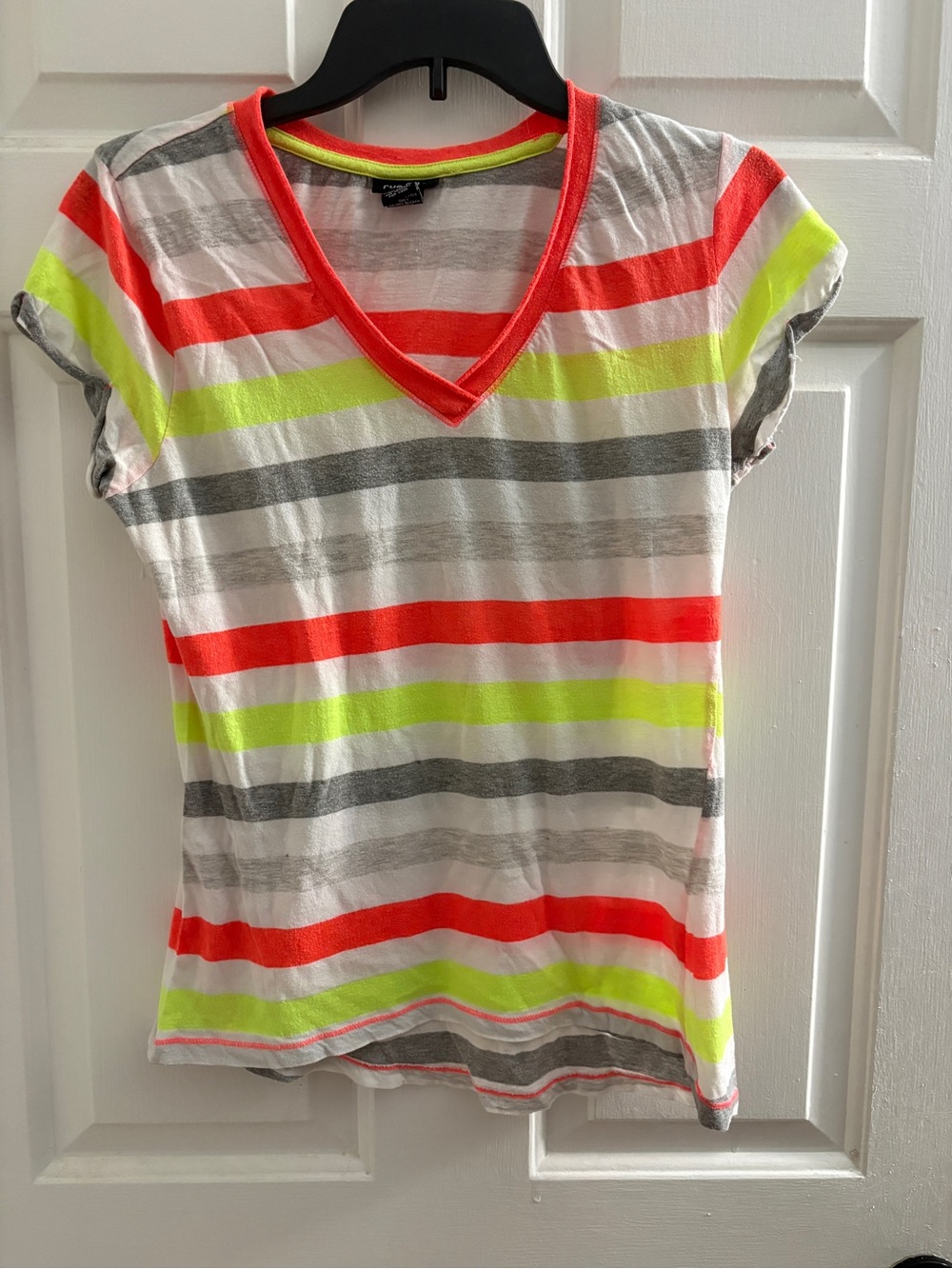 Rue21 Girls Neon Coral, Neon Yellow & Gray Striped V-Neck Tee